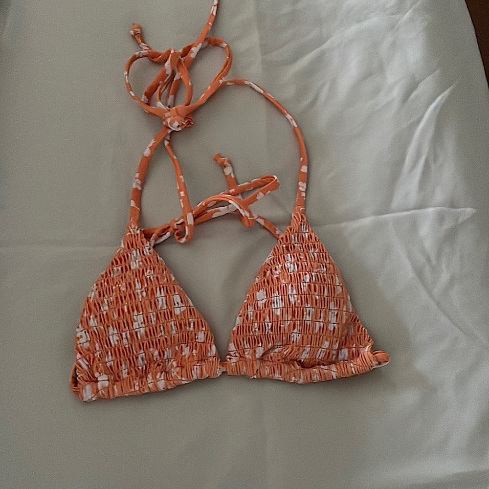 Orange bikini top with white flowers halter triangle fit